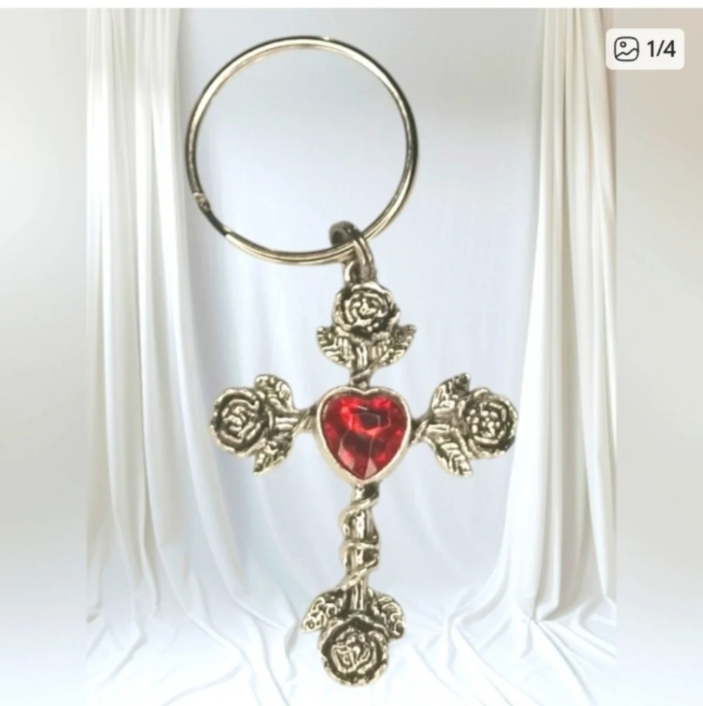 Silver Tone Cross Heart Charm Keychain Bag